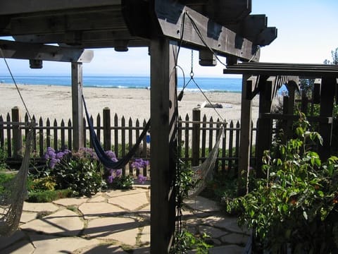 On the beach, sun loungers