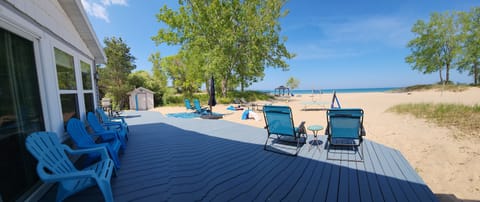 On the beach, sun loungers