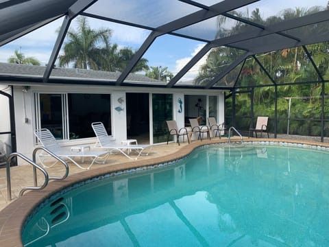 Refreshing heated pool goes from approx 3ft at stairs, to about 7ft deep