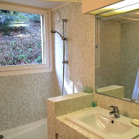 Combined shower/tub, hair dryer, towels