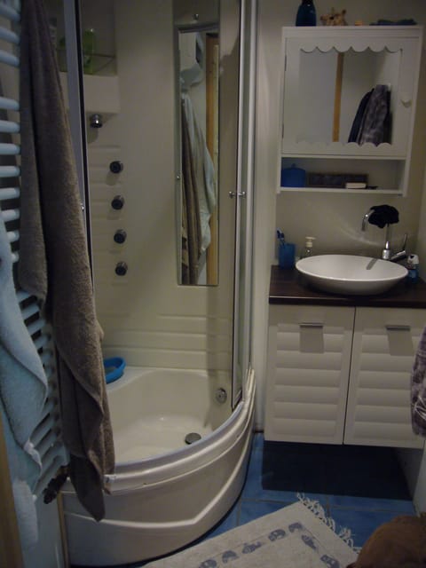 Combined shower/tub, hair dryer, towels, soap