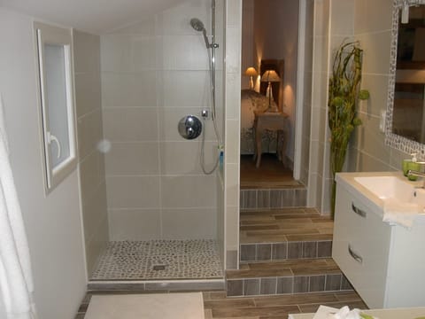 Combined shower/tub, jetted tub, hair dryer, towels