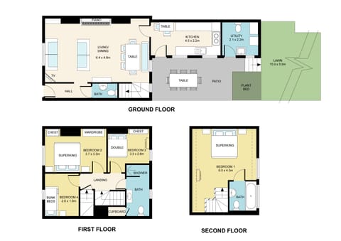 Here is a floor plan. The 4th bedroom has bunk beds. The lawn is at the back.