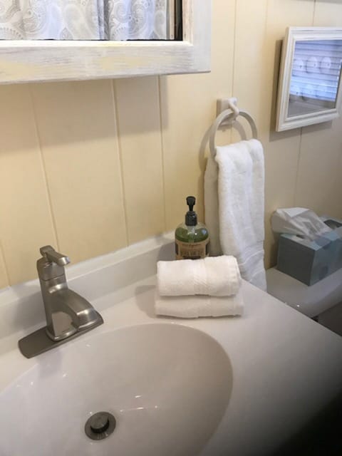 Combined shower/tub, hair dryer, towels, soap