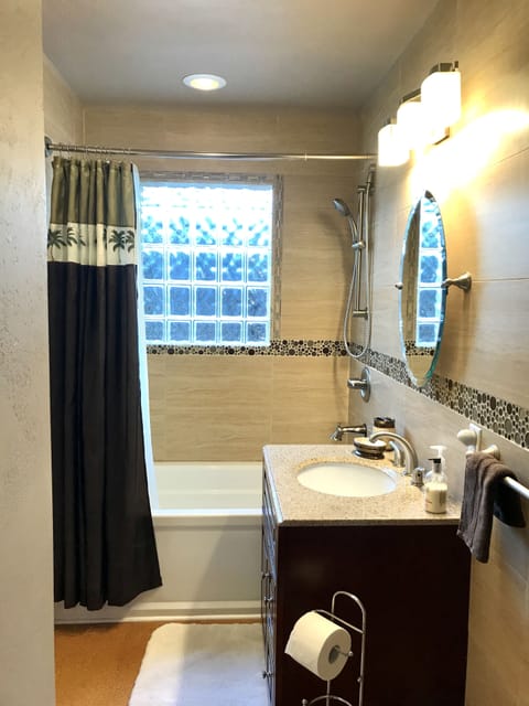 Combined shower/tub, hair dryer, towels, soap