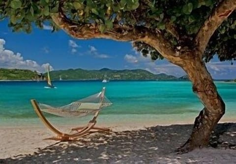 On the beach, sun loungers, beach towels