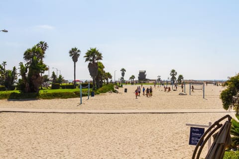 On the beach, sun loungers