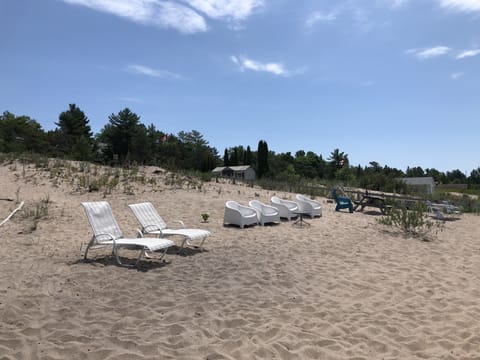 On the beach, sun loungers