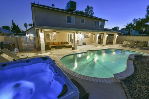 Private yard - pool, spa, fire pit,  BBQ, loungers, sectional and dining table 