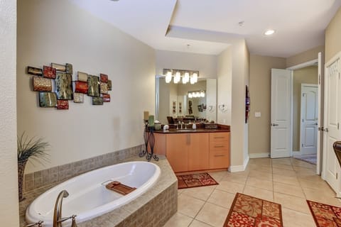 Separate tub and shower, hair dryer, towels