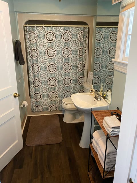 Combined shower/tub, jetted tub, hair dryer, towels