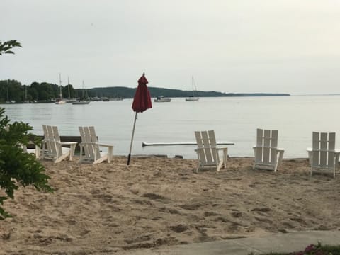 On the beach, sun loungers, beach towels