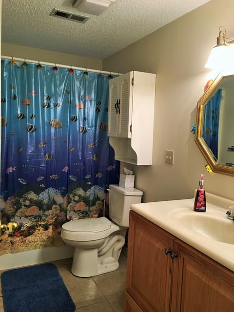 Combined shower/tub, hair dryer, towels, soap