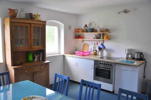 Fridge, stovetop, dishwasher, coffee/tea maker