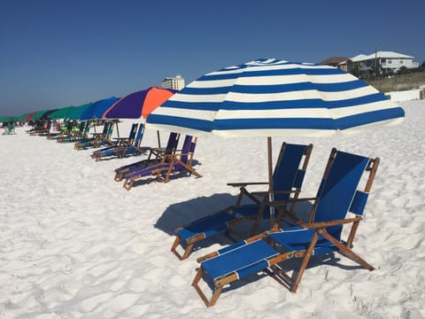 On the beach, sun loungers