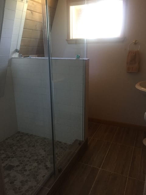 Combined shower/tub, hair dryer, towels, soap