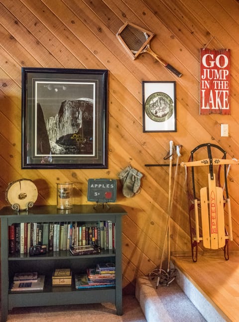 Reading library, games, and vintage sports equip. remind us of youth exploits.