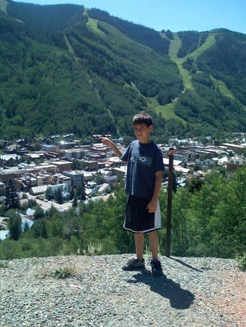 View from across town of townhouse and Ski Mountain (and my son)