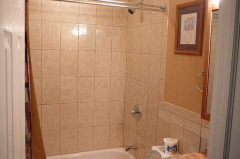 Combined shower/tub, towels, soap, shampoo