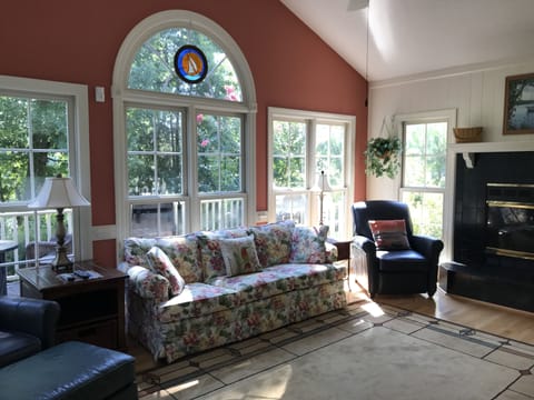 Sun room with a gas fireplace.