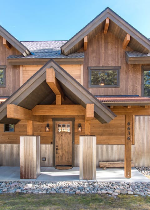 Grand timber-framed entry.