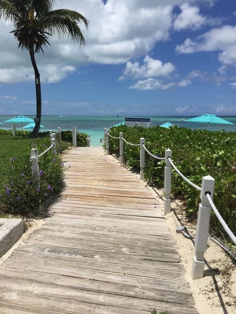 On the beach, sun loungers, beach towels