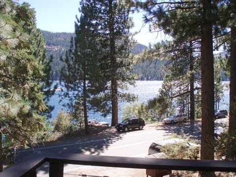 View from Deck - View: looking South-West.  In the forground is the closest Public Pier; in the distance you can watch the trains along Schallenberger Ridge and on up to Lakeview Canyon and the backside of Sugar Bowl Ski Resort