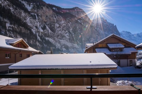 View of the surrounding valley in winter, taken from the balcony.