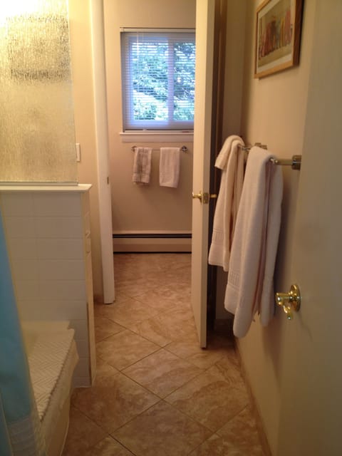 Combined shower/tub, hair dryer, towels, soap