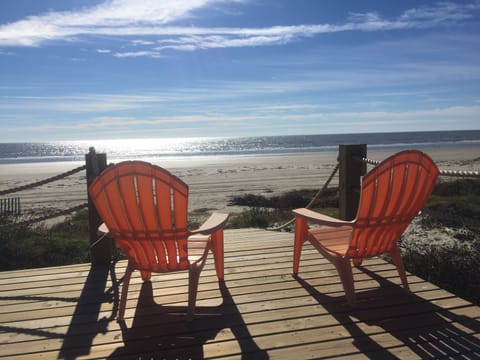 On the beach, sun loungers