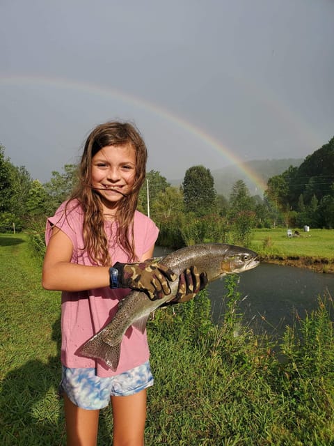 Wow, A big catch in the onsite Trout pond! Tasty rainbow trout for dinner.