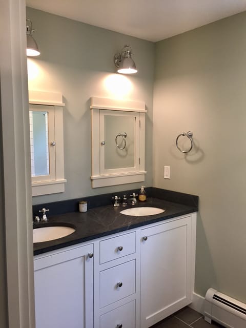 Downstairs bathroom with walk-in shower. Renovated in 2017