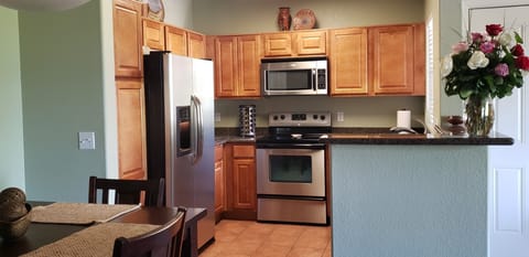 Granite counters in kitchen. Frig with water and ice.