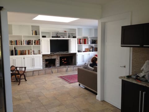 Flat-screen TV, fireplace, DVD player, books