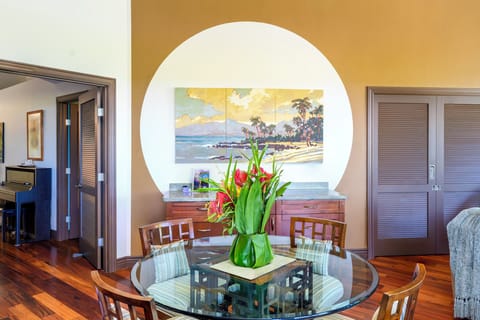 There is a unique art wall in the living and dining room