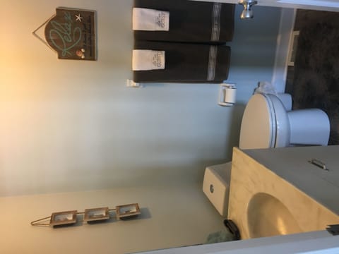 Combined shower/tub, hair dryer, towels, soap