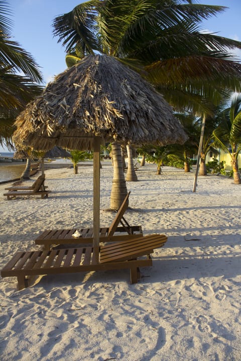 On the beach, sun loungers