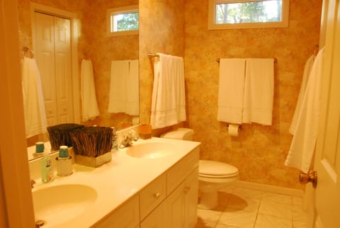 Combined shower/tub, jetted tub, hair dryer, towels