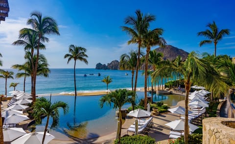 On the beach, sun loungers, beach towels