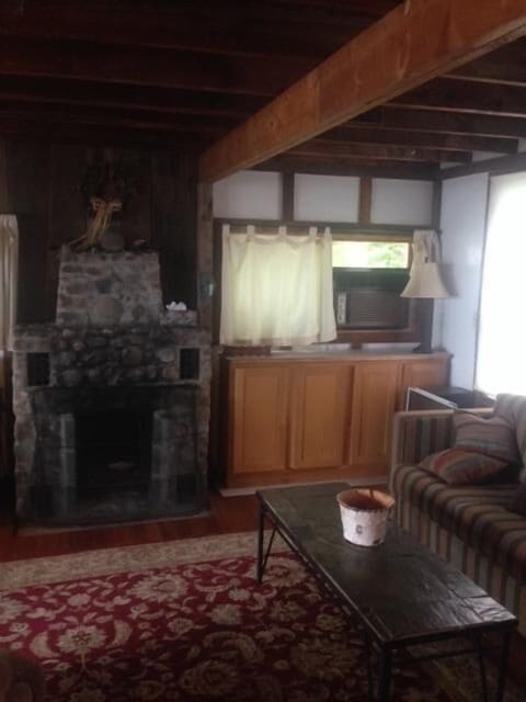 The decorative stone fireplace in the living room.