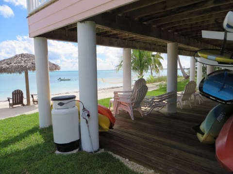 On the beach, sun loungers, beach towels