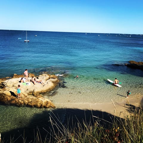 On the beach, sun loungers