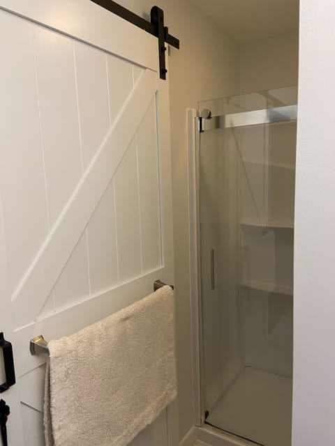 Combined shower/tub, hair dryer, towels