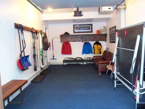 Heated Ski Prep Garage, with Boot/Mitten dryers, ski racks, ski gear hang-up & Ping Pong Table that folds up.