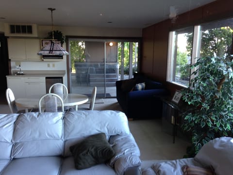 View from the family room out to Jacuzzi's flagship J-375 hot tub. 