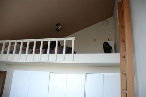 Double bed in loft (ladder access) has a great view of city and water—Romantic! 