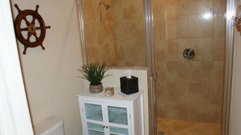 Combined shower/tub, hair dryer, towels, soap