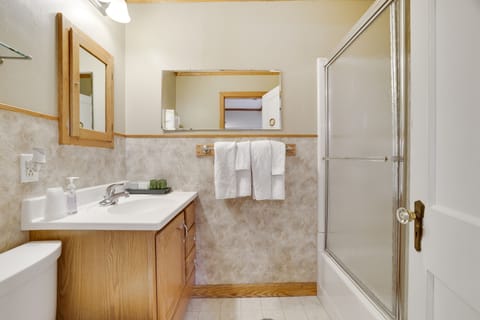 Combined shower/tub, jetted tub, hair dryer, towels