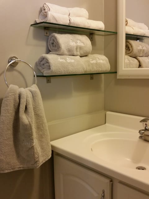 Shower, hair dryer, bathrobes, towels