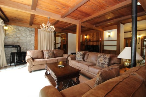 Living Room: 2 sofas, 1 love seat, piano, gas "woodstove", TV, mountain view.